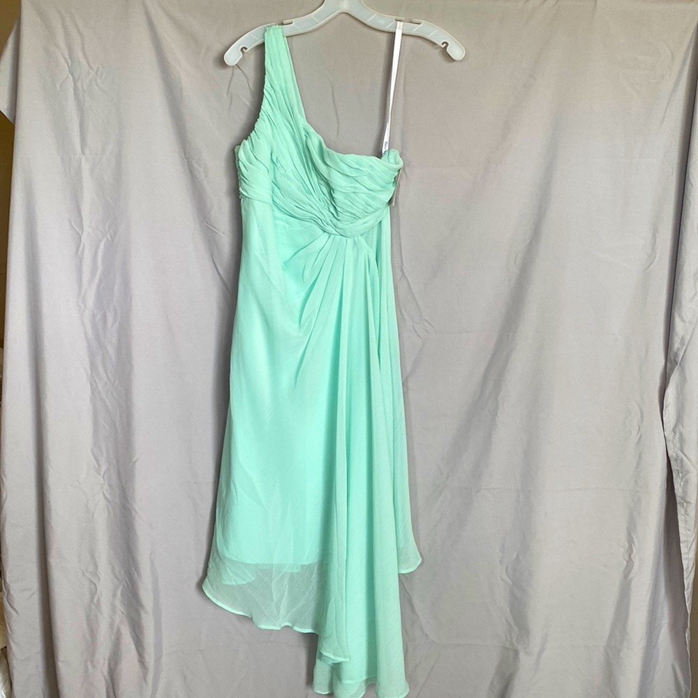 David’s Bridal Mint Crinkle Chiffon One Shoulder dress